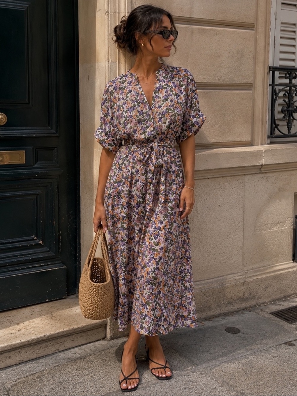 Vince Violetta Floral Belted Midi Dress 3X NWT Purple Dolman Sleeve $445 Retail